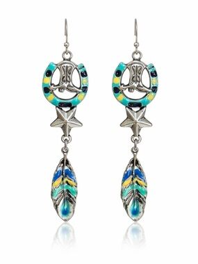 Boho Horseshoe & Feather Drop Earrings - Turquoise Multi Enameled